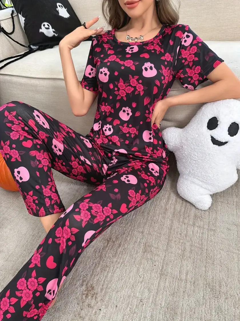 Women's Skull Print Short Sleeve Pajama Set