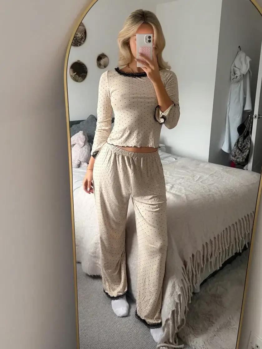 Women's Polka Dot Lace Long Sleeve Pajama Set