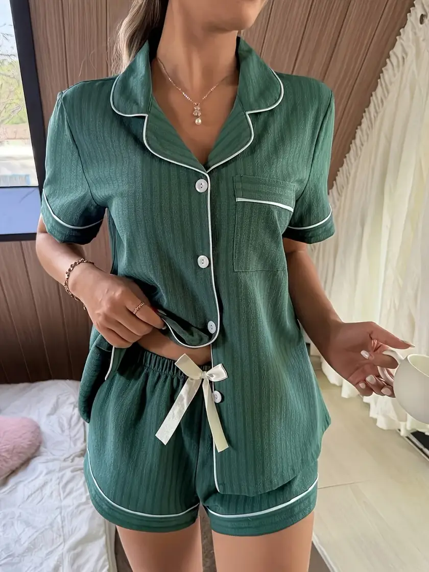 Women's Striped Bow Detail Short Sleeve Pajama Set