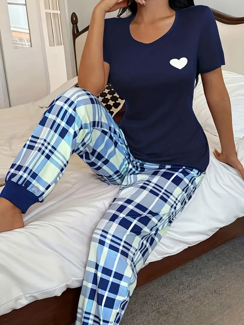 Women's Heart & Plaid Short Sleeve Pajama Set