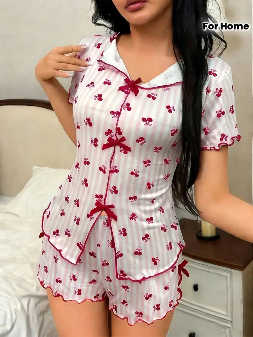 Women's Cherry & Striped Bow Detail Short Sleeve Pajama Set