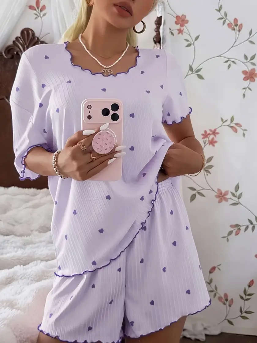 Women's Heart Print Ruffle Short Sleeve Pajama Set