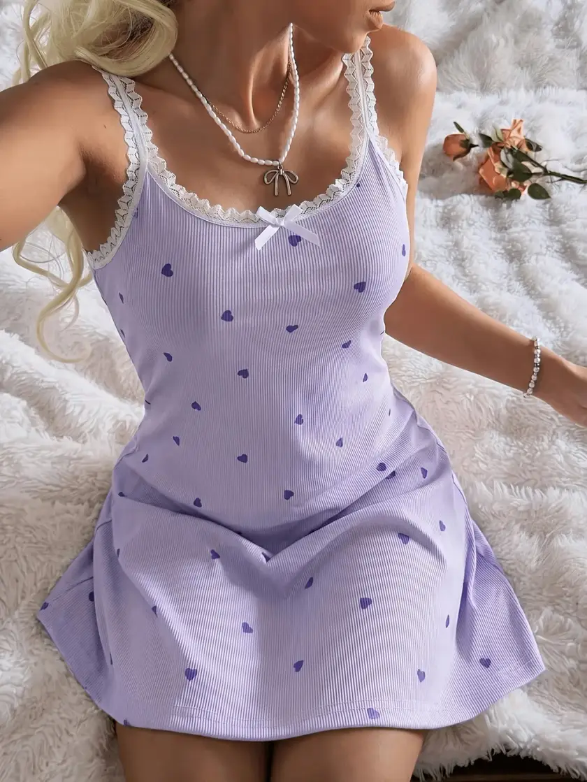 Women's Heart Print Lace Cami Nightdress