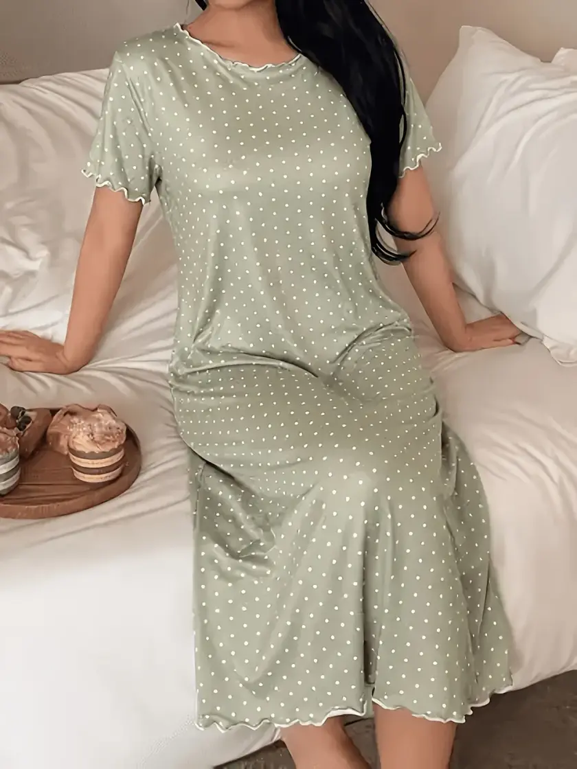 Women's Polka Dot Print Ruffle Short Sleeve Nightdress