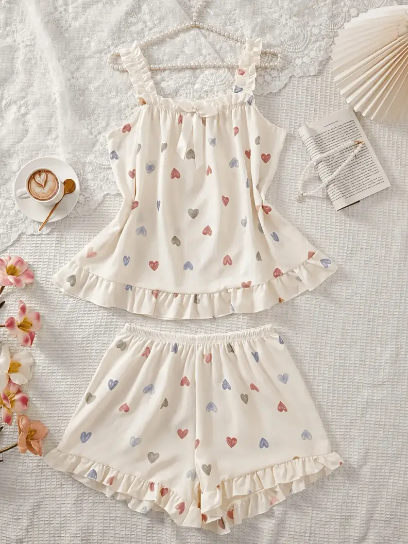 Women's Heart Print Ruffle Cami Pajama Set