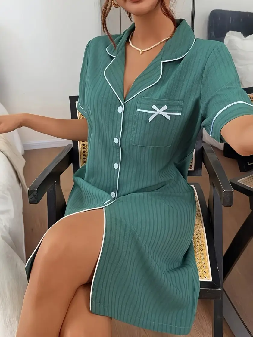 Women's Striped Bow Detail Short Sleeve Nightdress