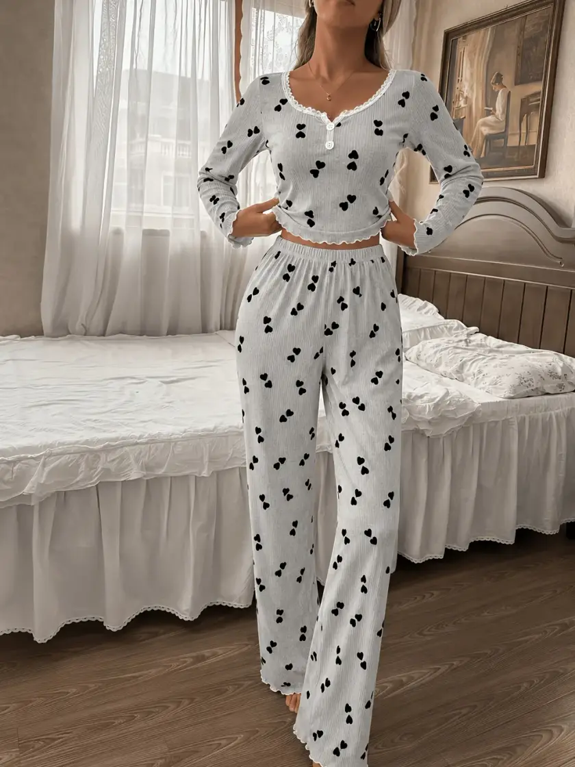 Women's Heart Print Lace Long Sleeve Pajama Set