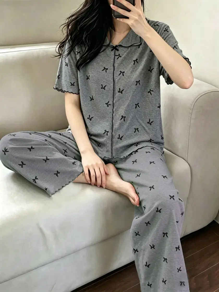 Women's Bow Detail Short Sleeve Pajama Set