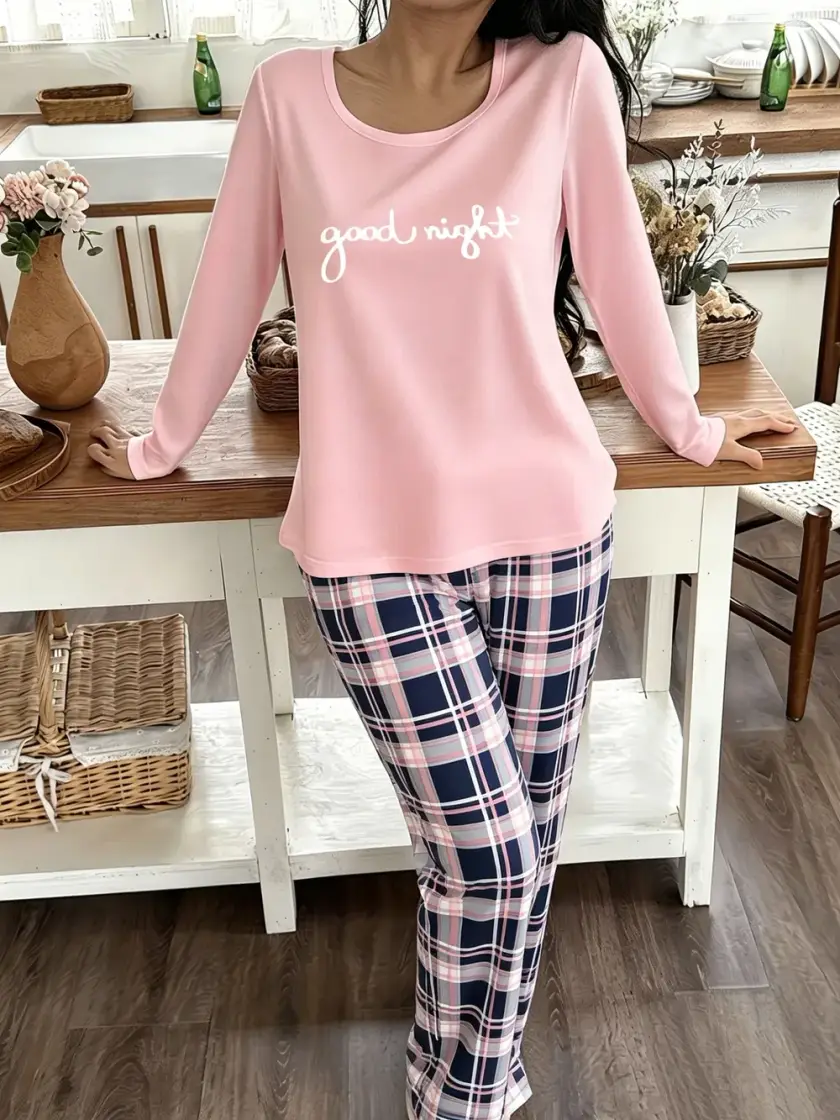 Women's Plaid & Graphic Long Sleeve Pajama Set