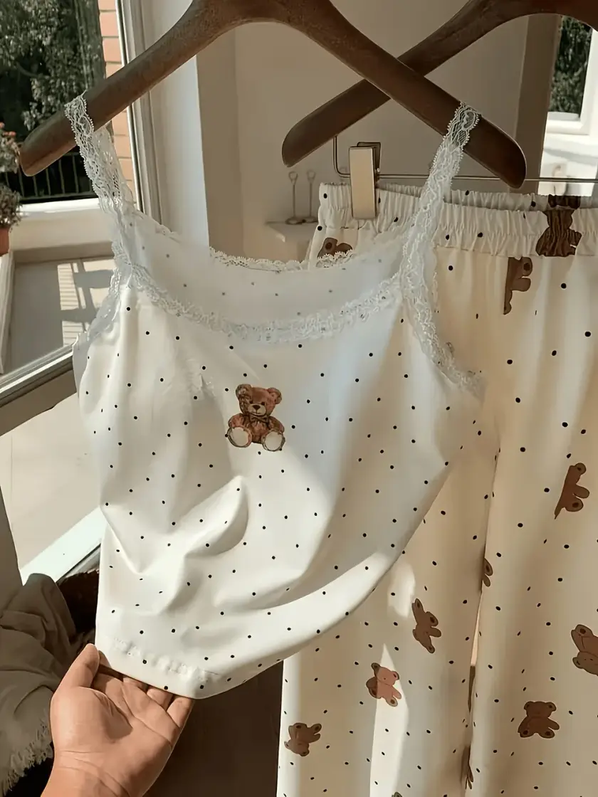 Women's Bear & Polka Dot Print Lace Cami Pajama Set