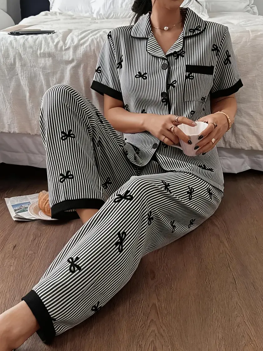 Women's Striped Bow Detail Short Sleeve Pajama Set