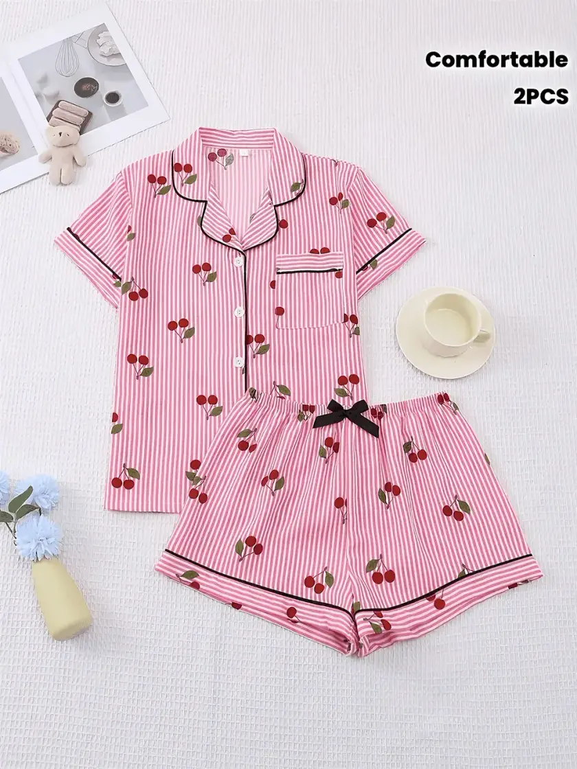 Women's Cherry Print Short Sleeve Pajama Set