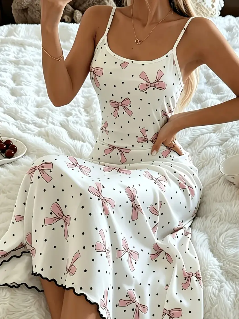 Women's Polka Dot Print Bow Detail Cami Nightdress