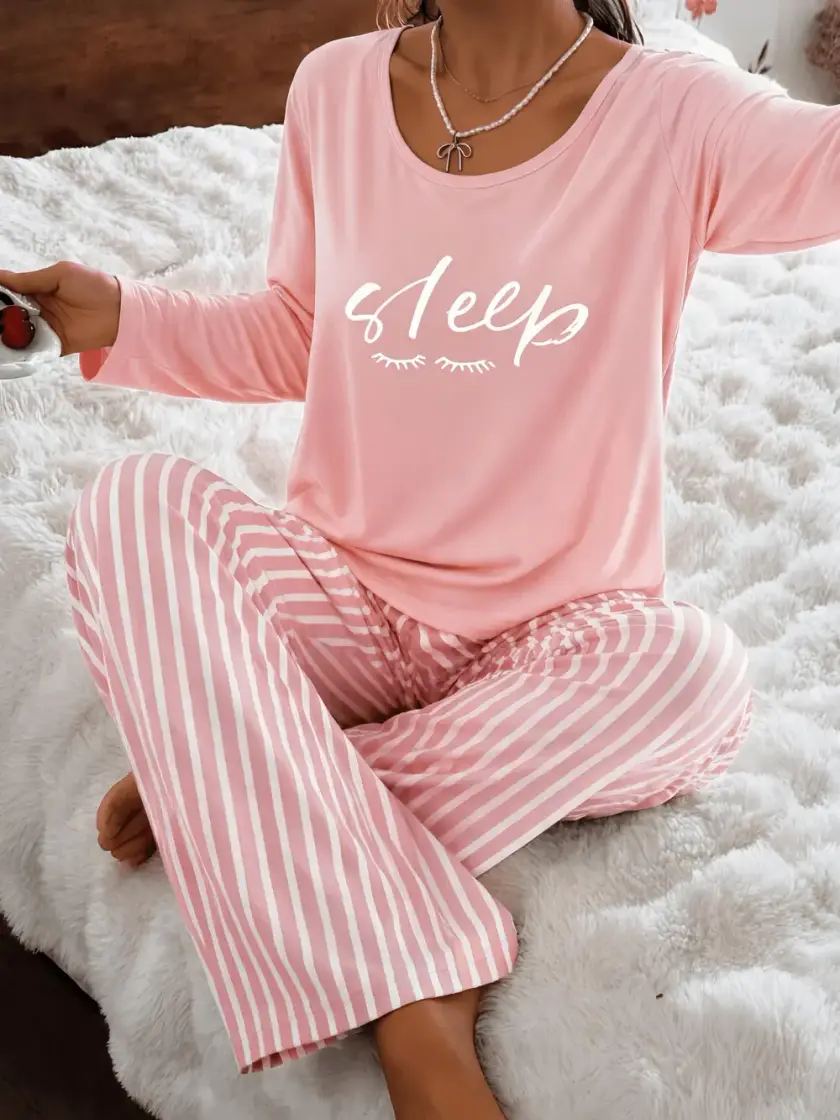 Women's Striped & Graphic Long Sleeve Pajama Set