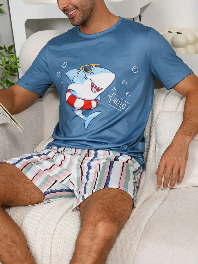 Men's Striped & Shark Pajama Set