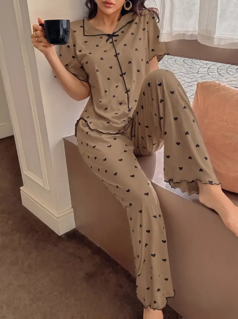 Women's Heart Print Bow Detail Pajama Set
