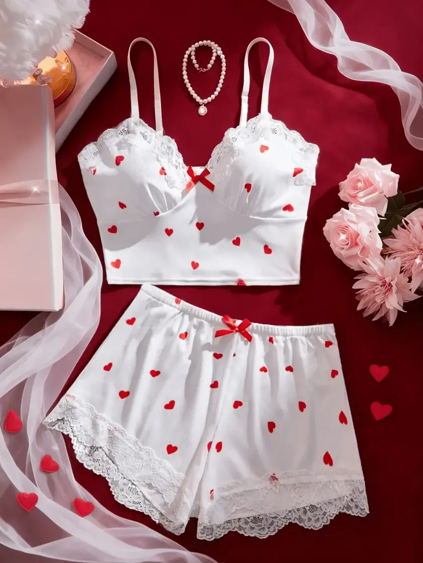 Women's Heart Print Lace Cami Pajama Set