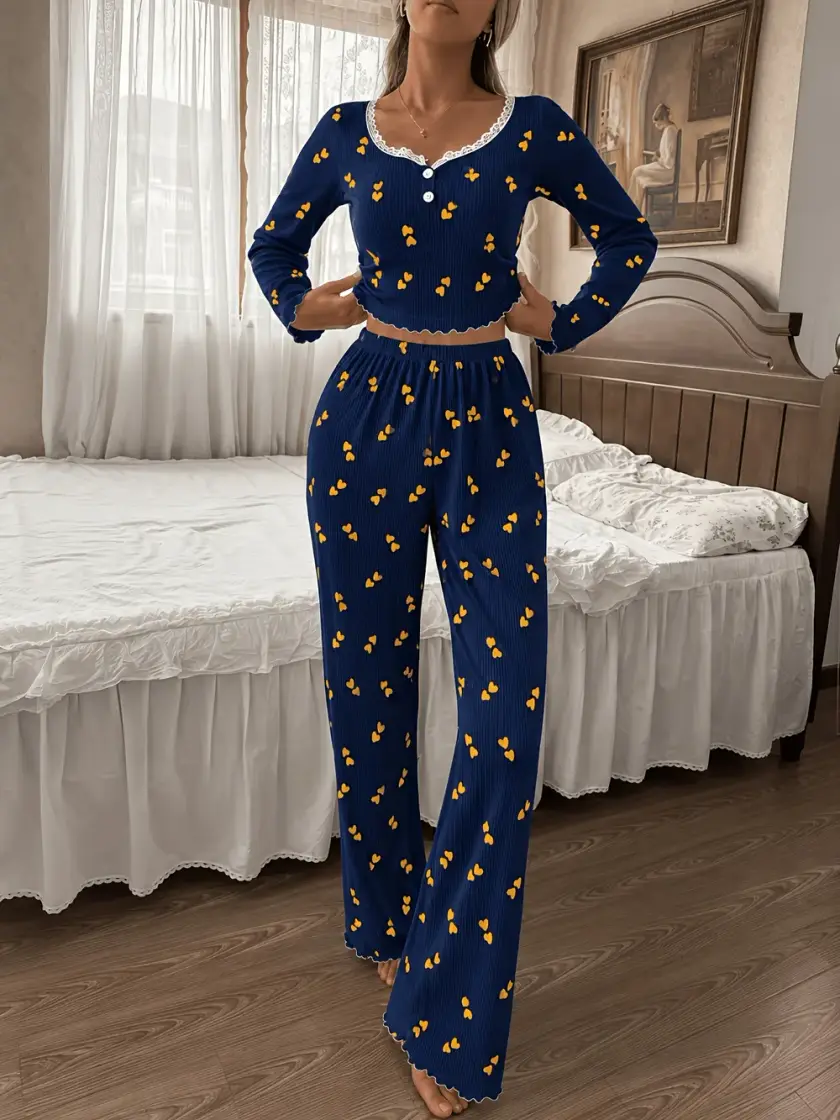Women's Heart Print Lace Long Sleeve Pajama Set