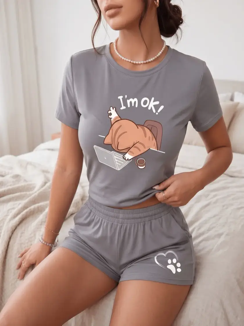 Women's Cat & Graphic Pajama Set