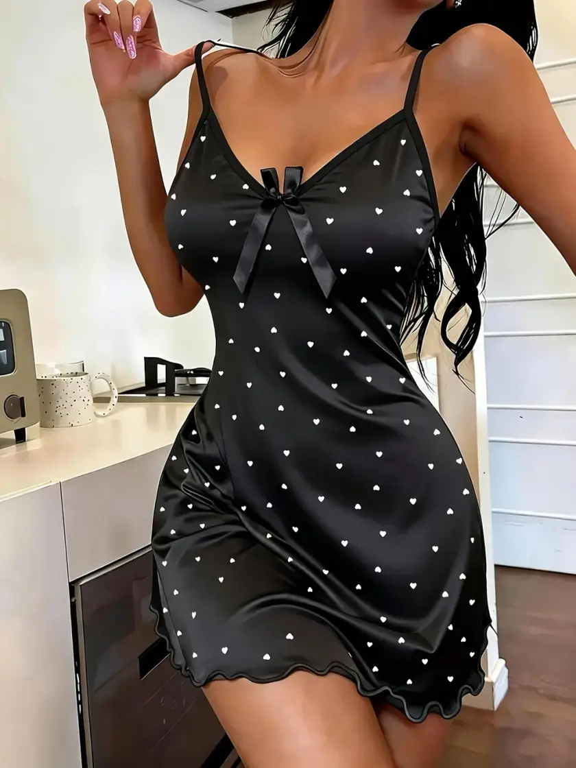Women's Heart Print Satin Cami Nightdress