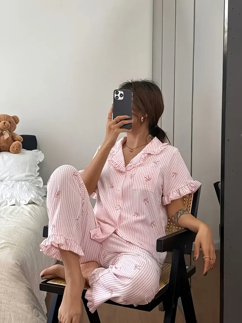 Women's Striped Bow Detail Short Sleeve Pajama Set